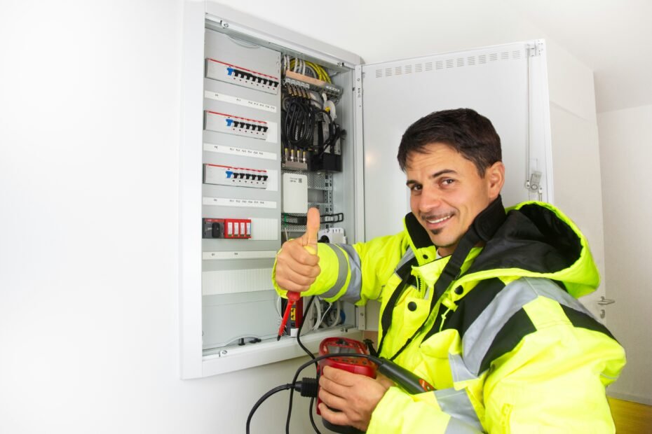 Electrician inspecting a damaged electrical panel after a storm